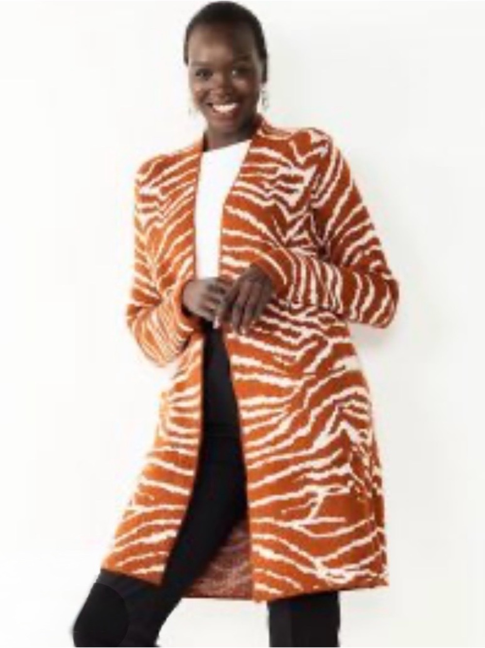 Nine West Rust and White Zebra-Print Open Cardigan